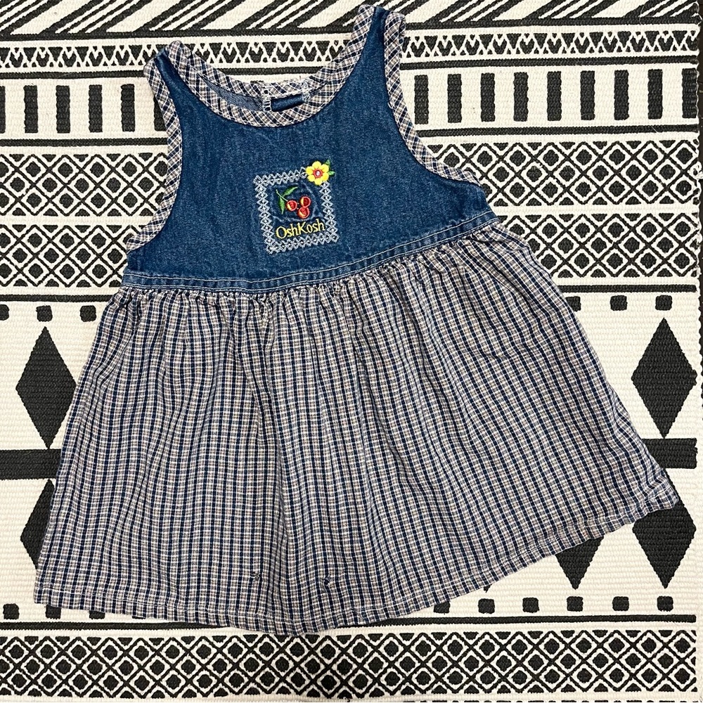 Vintage Oshkosh B’gosh Denim Pinafore Style Dress Embroidered Cherries Plaid 24M